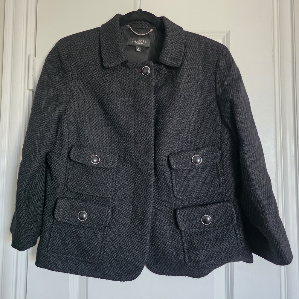 Talbots Collection Wool Blend Jacket Black Textured Button Front Size 12 NWOT